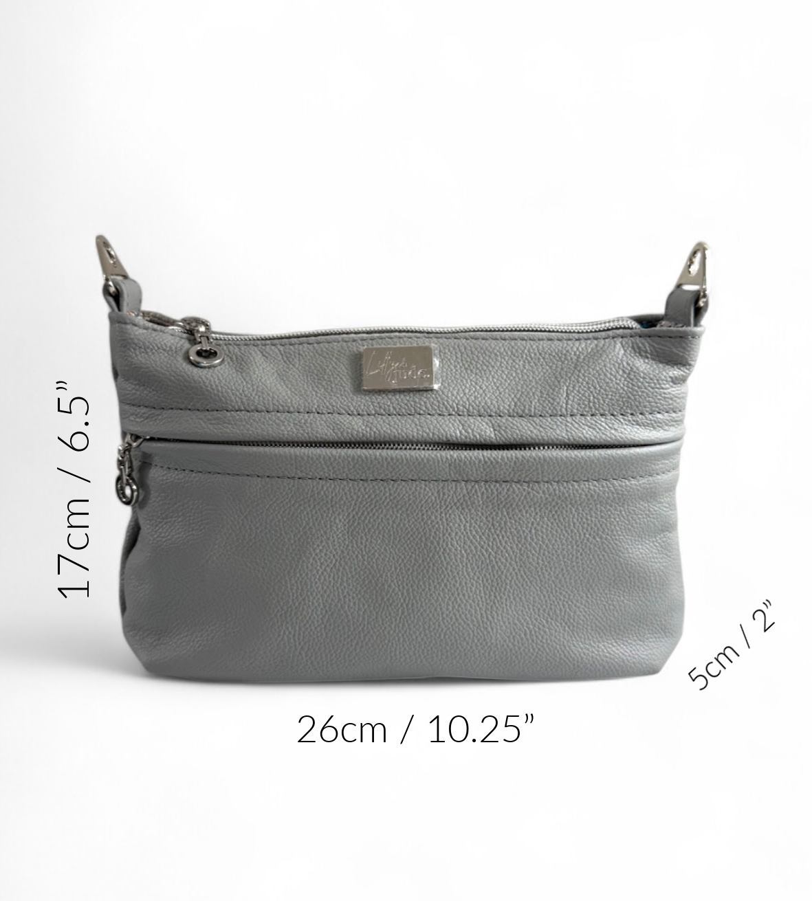 Light grey leather Starburn crossbody bag with the measurements denoted around the edges of the image