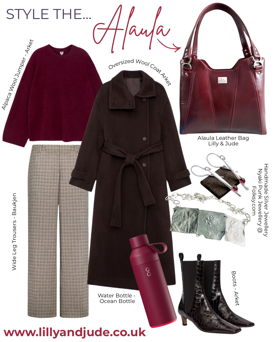 Fashionable outfit with coat, sweater, pants, boots, and handbag with product names and brand website.