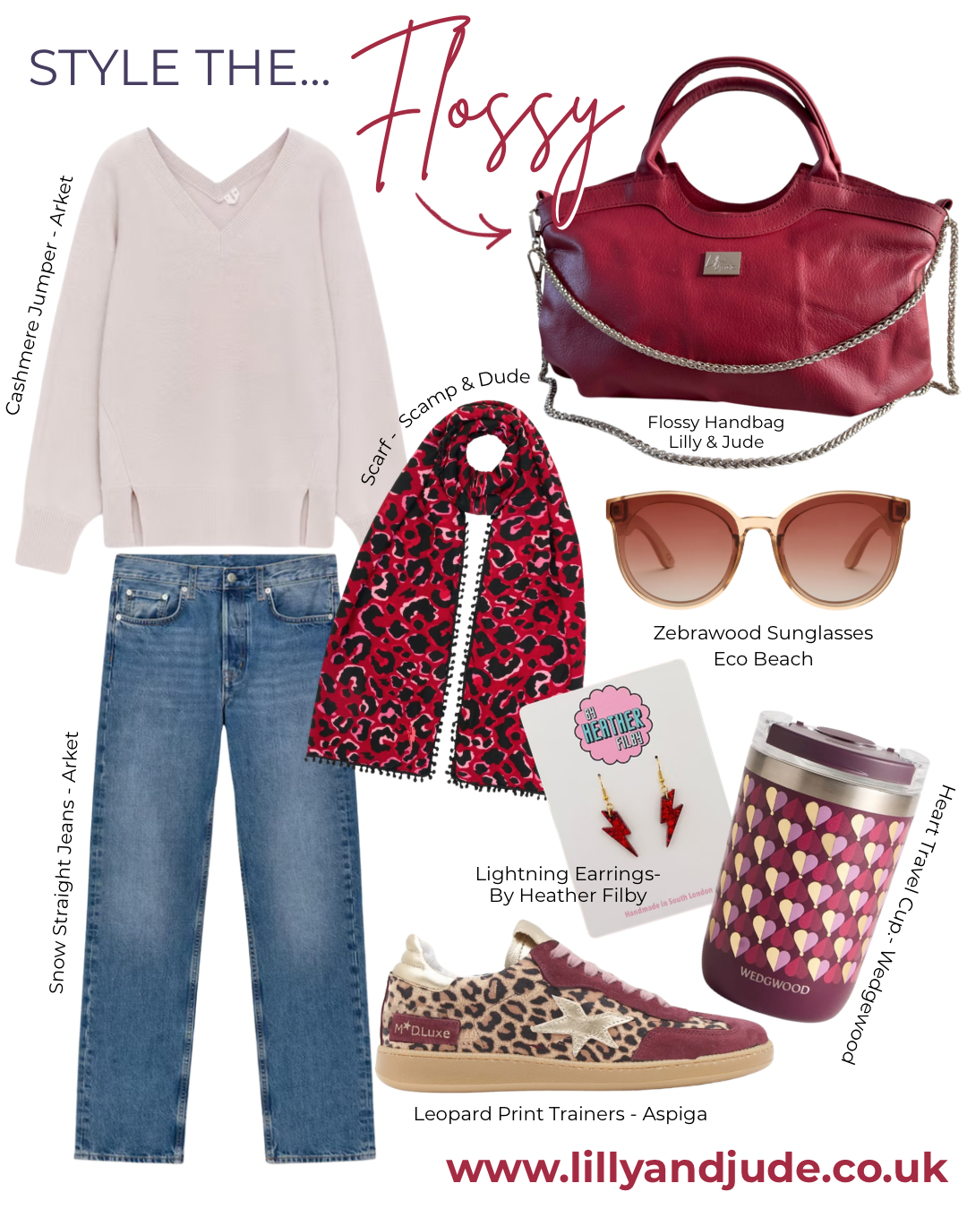 Collection of fashion items including the red leather Flossy handbag, jeans, sunglasses, and accessories with 'Lilly & Jude' branding.