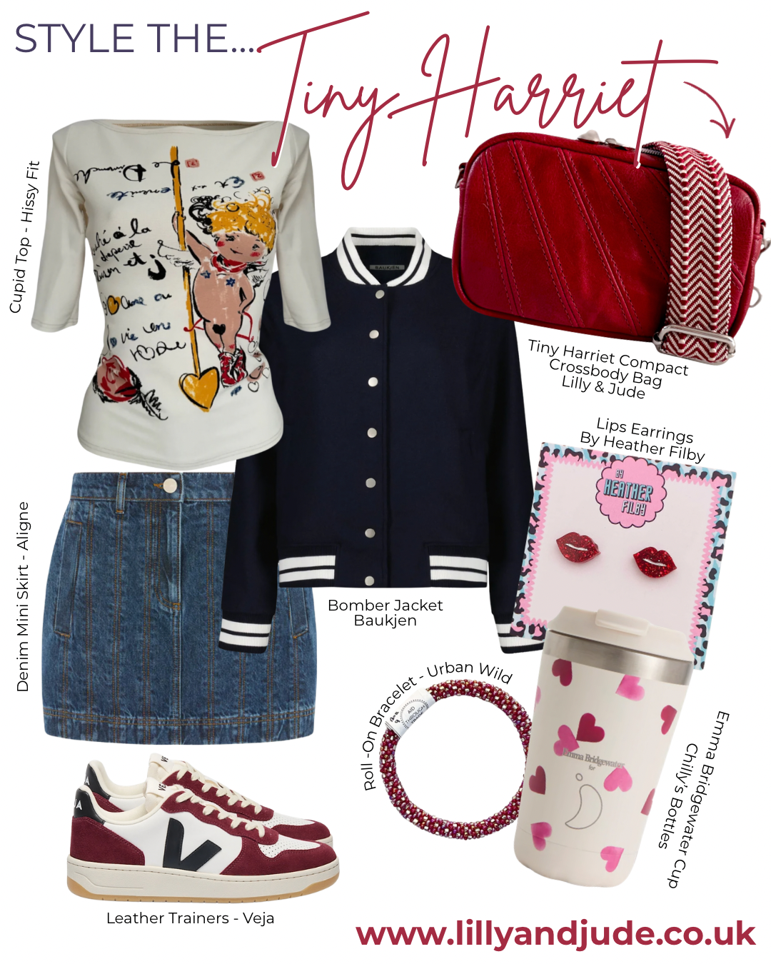 Collection of fashion items including a t-shirt, bomber jacket, skirt, shoes, and accessories with 'Tiny Harriet' branding.