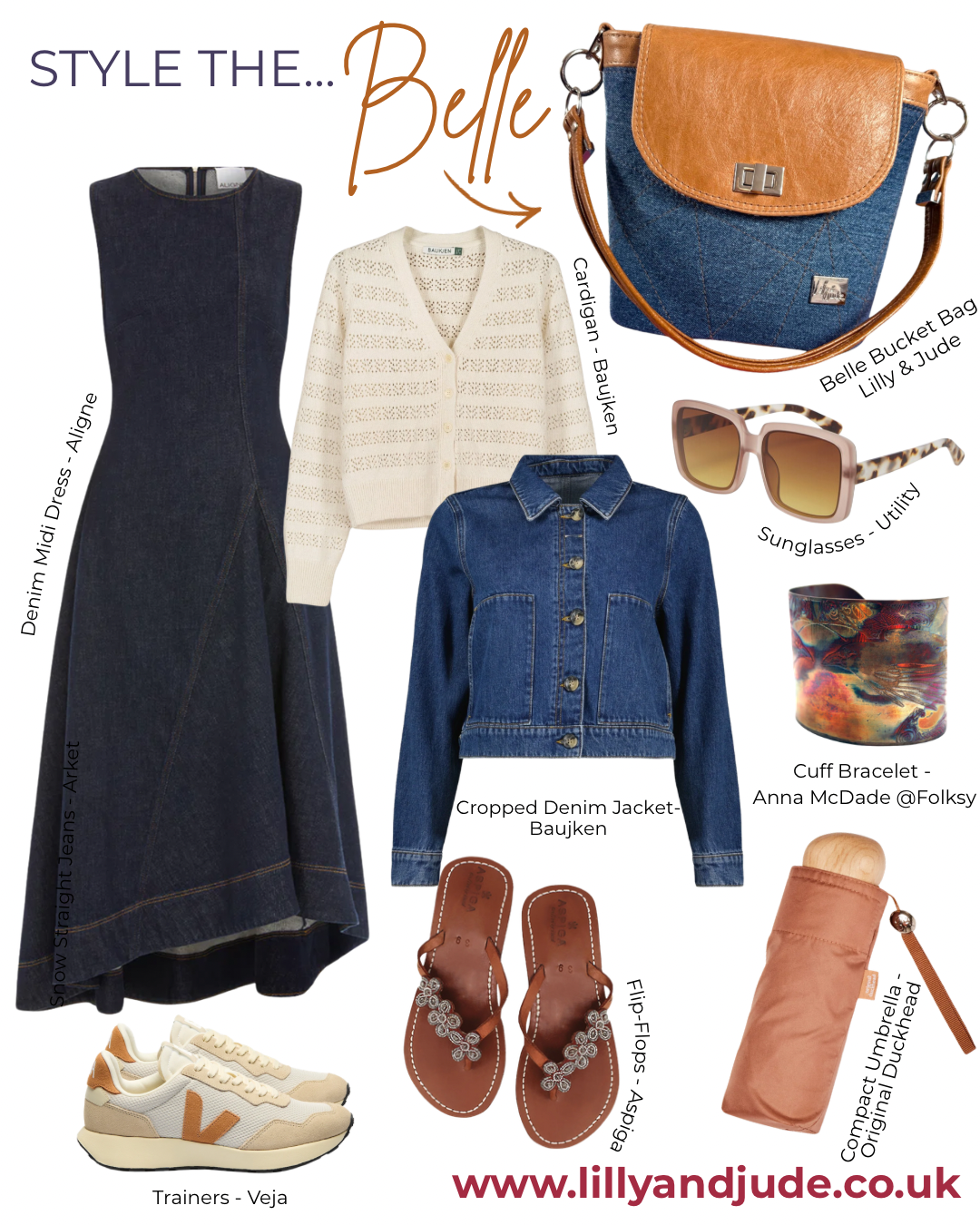 Collage of fashion items including a dress, jacket, bag, and accessories styled to match the Belle bucket bag, with brand names.