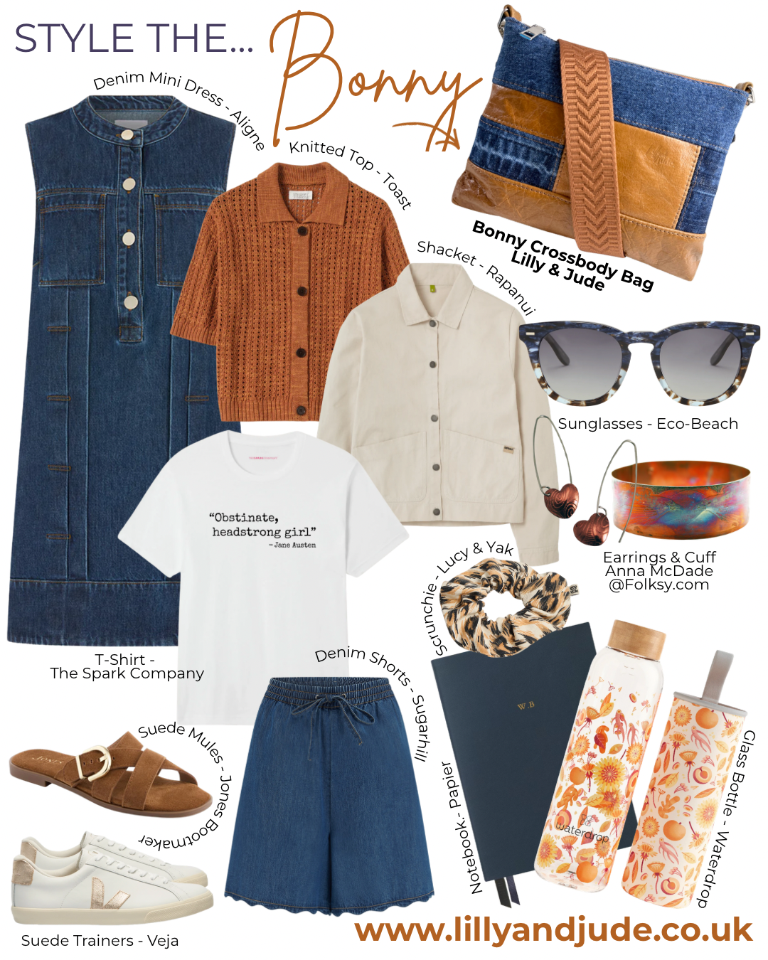 Collage of fashion items including a denim dress, shirts, shorts, shoes, and accessories, styled to match the Bonny crossbody bag, with text overlay.