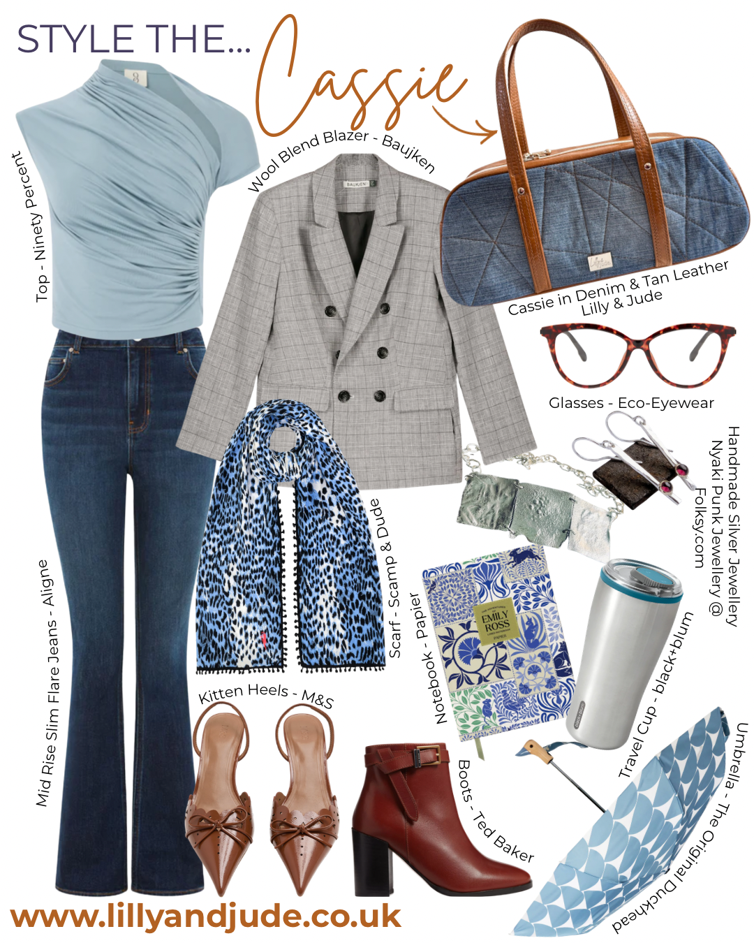 Fashion collage with clothing and accessories including a blazer, jeans, shoes, creating an outfit to match the Cassie handbag