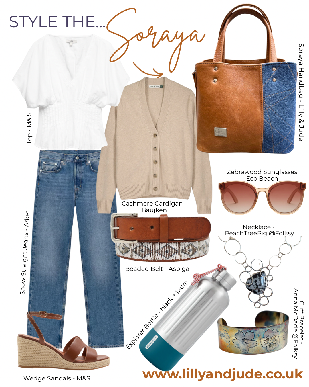 Fashionable outfit with top, cardigan, jeans, sandals, and accessories with brand names. This outfit is syled around the Soraya handbag