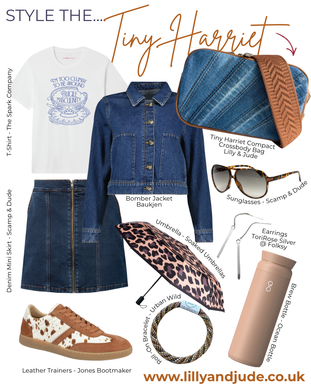 Collection of fashion items including a T-shirt, denim jacket, skirt, sunglasses, and accessories with 'Tiny Harriet' branding.