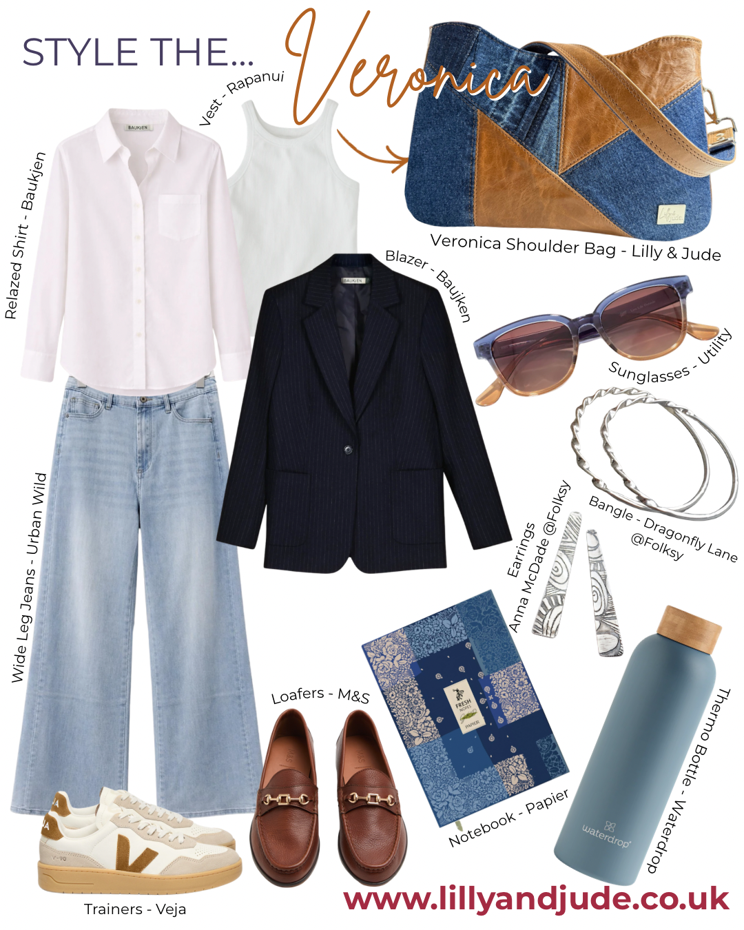 Collage of clothing and accessories styled to match the Veronica handbag, with text overlay on a white background