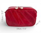 Tiny Harriet crossbody bag, made from red, rescued leather against a white background, with the dimensions denoted around the outside of the bag