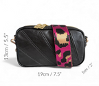 Black handbag with a colorful strap, showing dimensions on a white background
