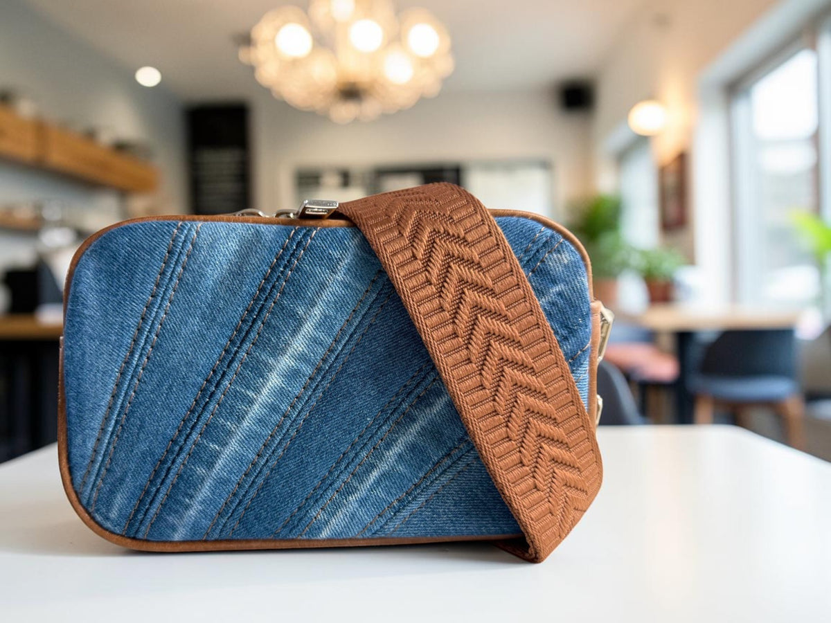 Blue denim crossbody bag with tan brown strap on a table in a blurred coffee shop setting