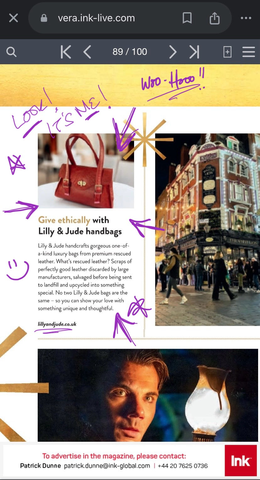 Webpage with a red Lilly & Jude handbag, city street scene, and man's face with a light bulb graphic.