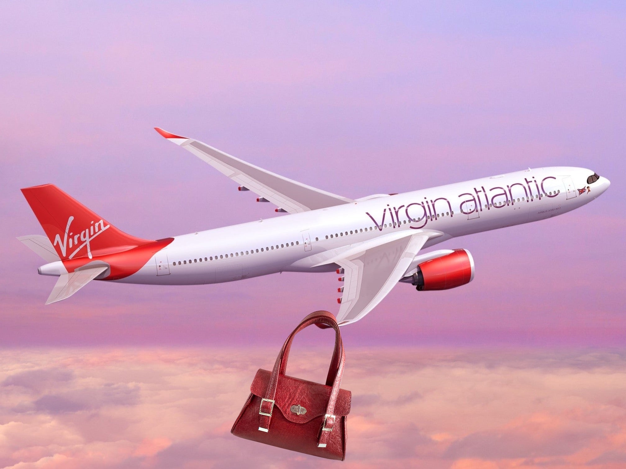 Virgin Atlantic airplane flying in the sky with a red handbag in front.
