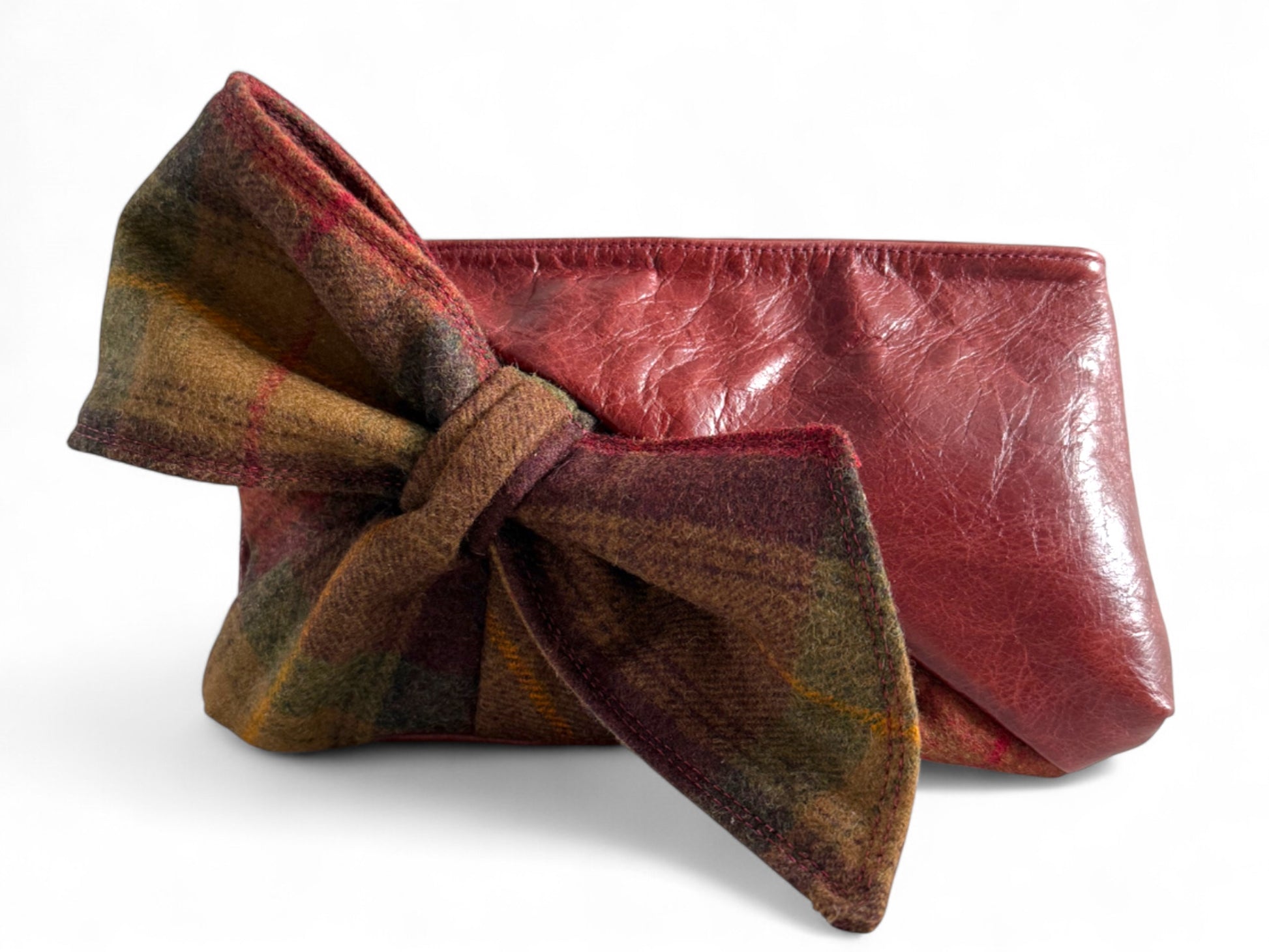 Betty Bow Bag | Burgundy Leather & Autumn Tweed Clutch | Sustainable Handcrafted Bag UK