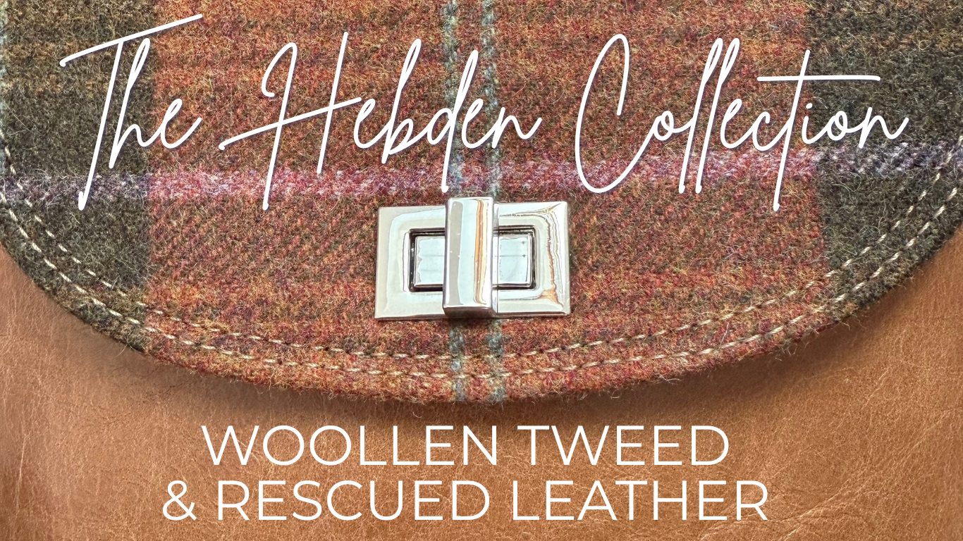 Plaid bag with a buckle, featuring 'The Hebden Collection' text on a brown background.