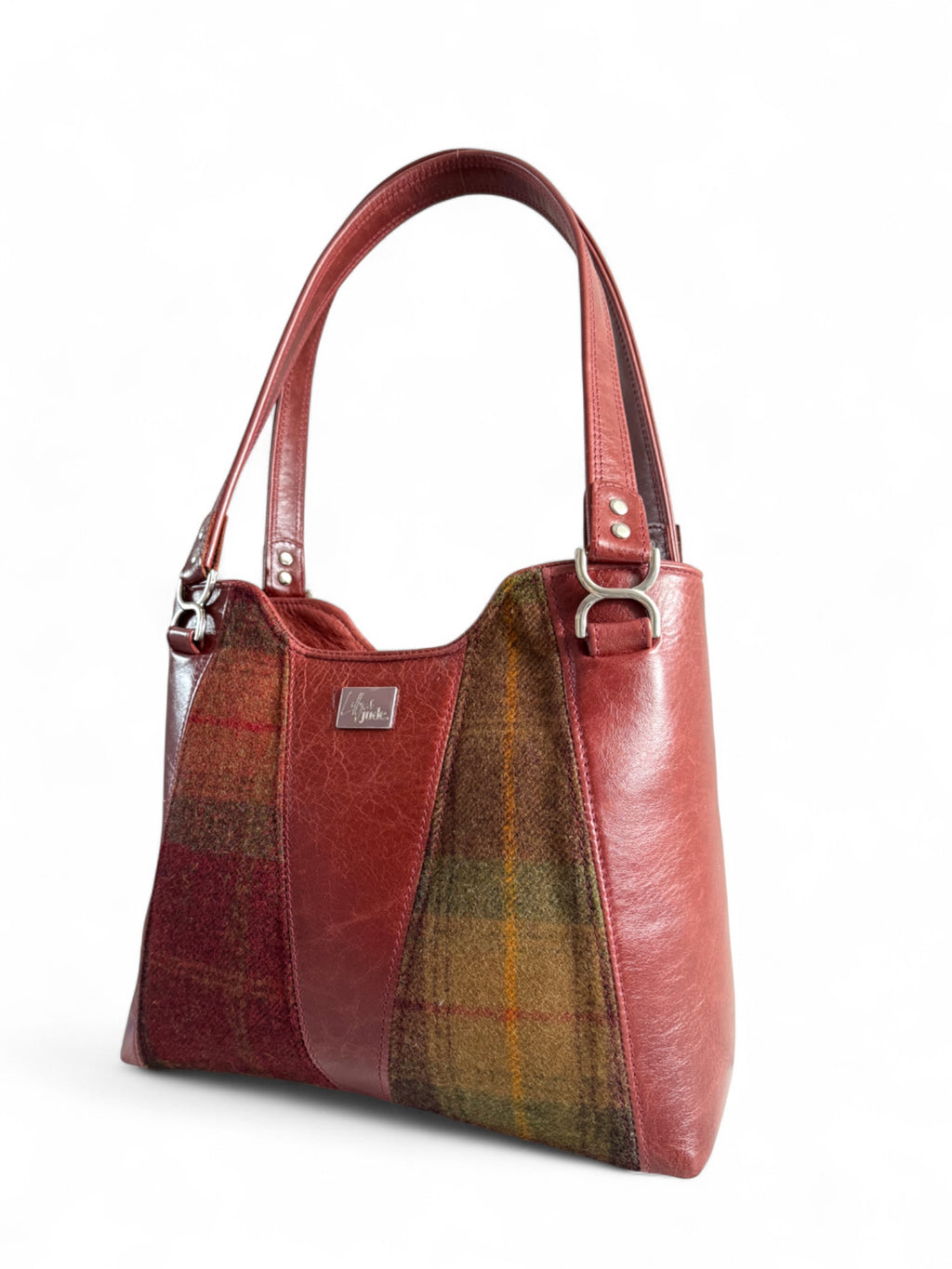 Burgundy leather and autumnal tweed handbag with structured body, handmade in UK. 
