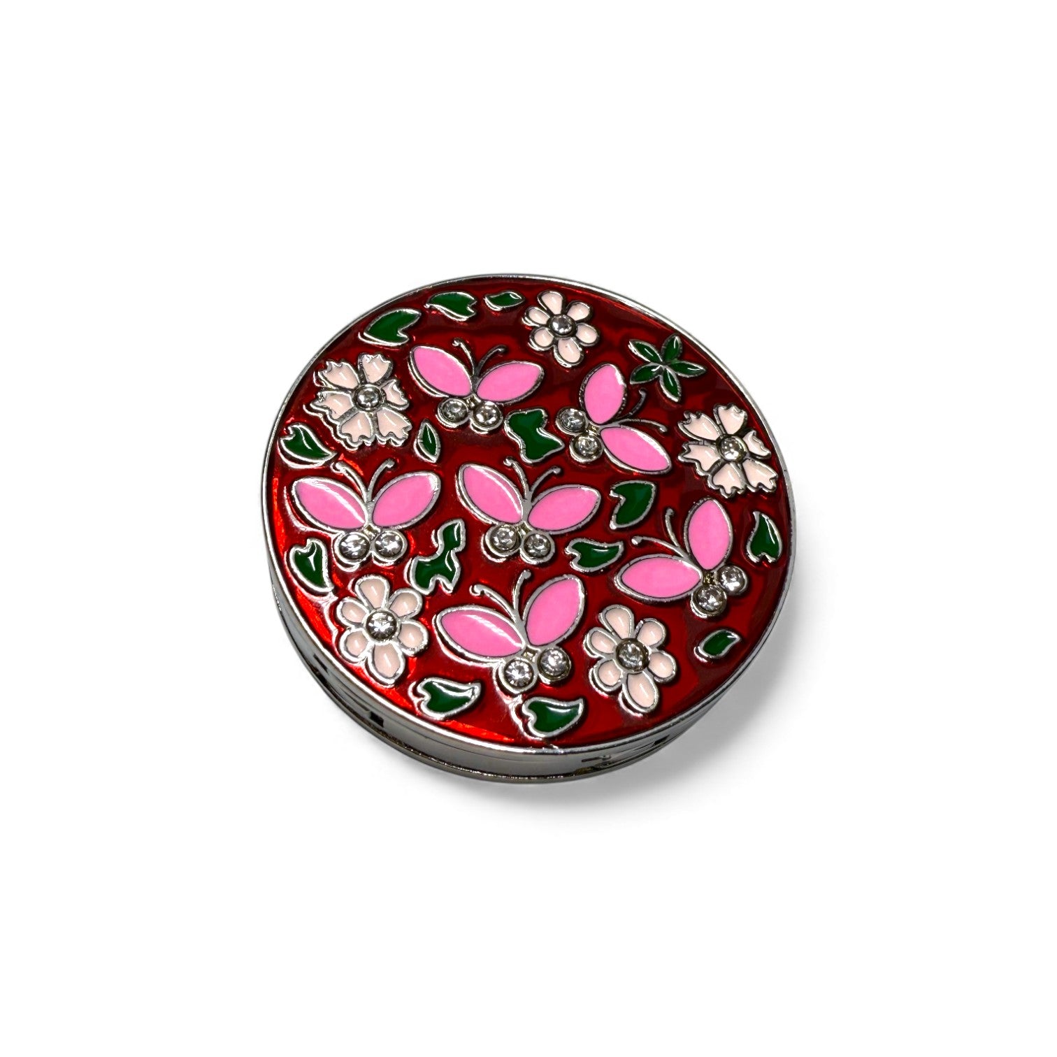 Round decorative bag hook with floral and butterfly design on a red background