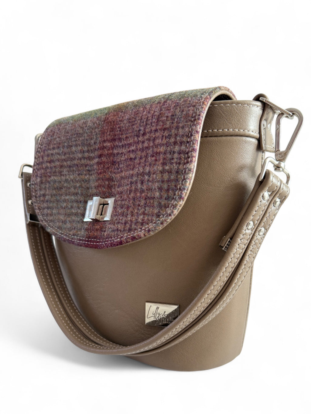 Taupe leather bucket handbag with tartan woollen tweed panels, handmade by Lilly & Jude in the UK.

