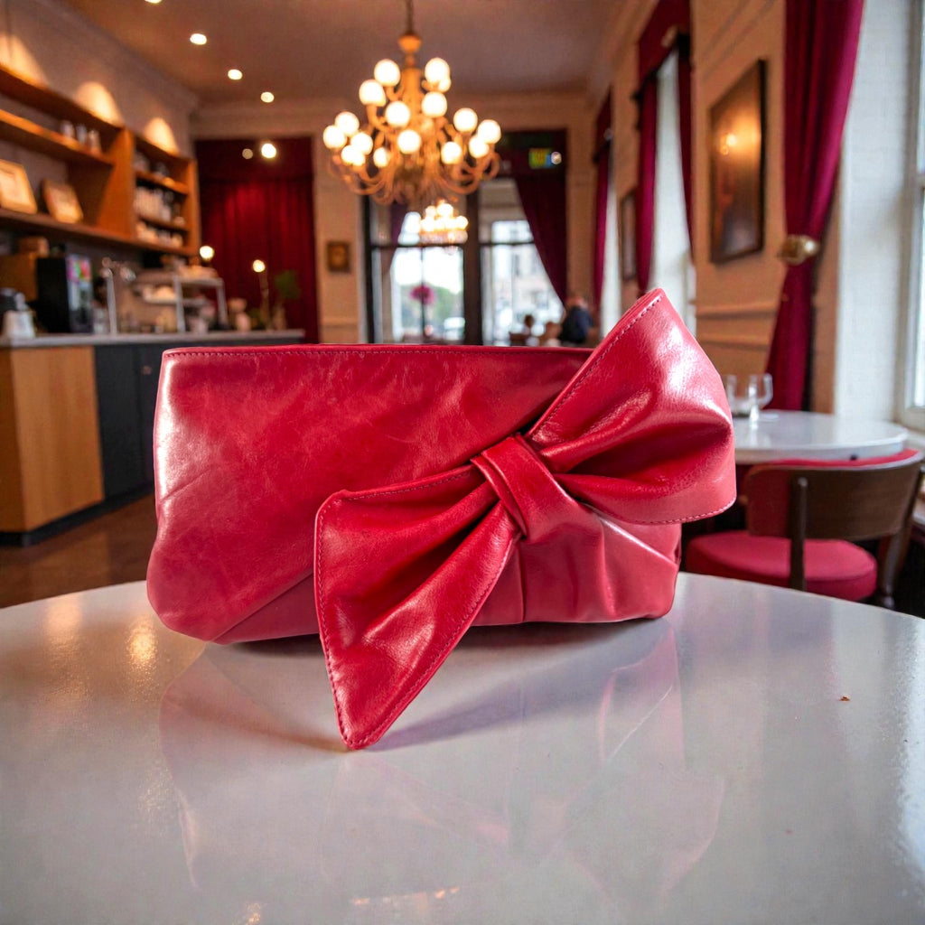 Red leather clutch bag with a large bow on a table in a restaurant setting