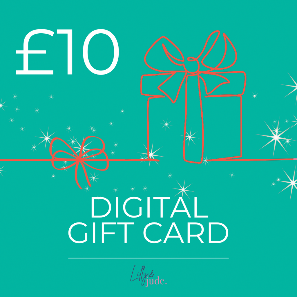 Digital gift card with a £10 value on a teal background, featuring an orange gift box and bow.