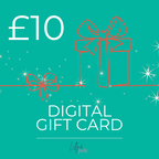 Digital gift card with a £10 value on a teal background, featuring an orange gift box and bow.