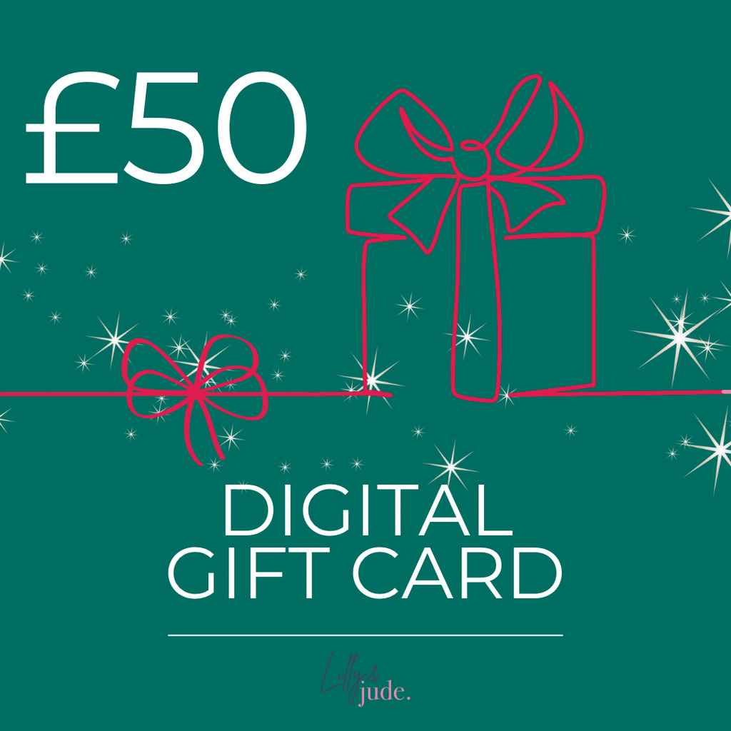 Digital gift card with £50 value, red gift box and bow on a green background, brand 'jude' visible.