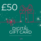 Digital gift card with £50 value, red gift box and bow on a green background, brand 'jude' visible.