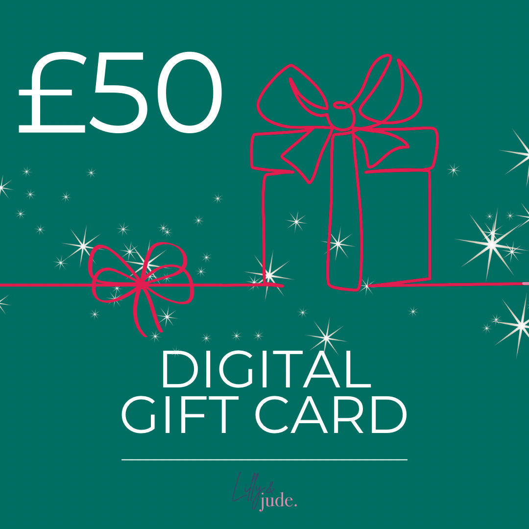 Digital gift card with £50 value, red gift box and bow on a green background, brand 'jude' visible.