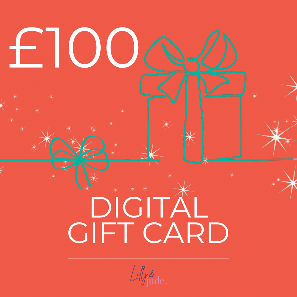 Digital gift card with £100 value on a red background, featuring a gift box and bow design.