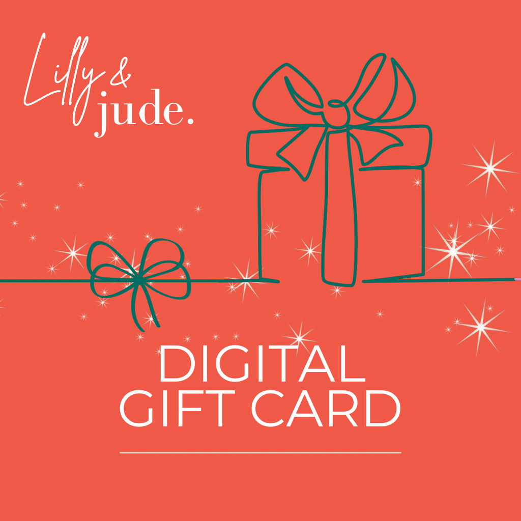 Digital gift card with a gift box and bow design on an orange background, featuring the brand 'Lilly & Jude'.