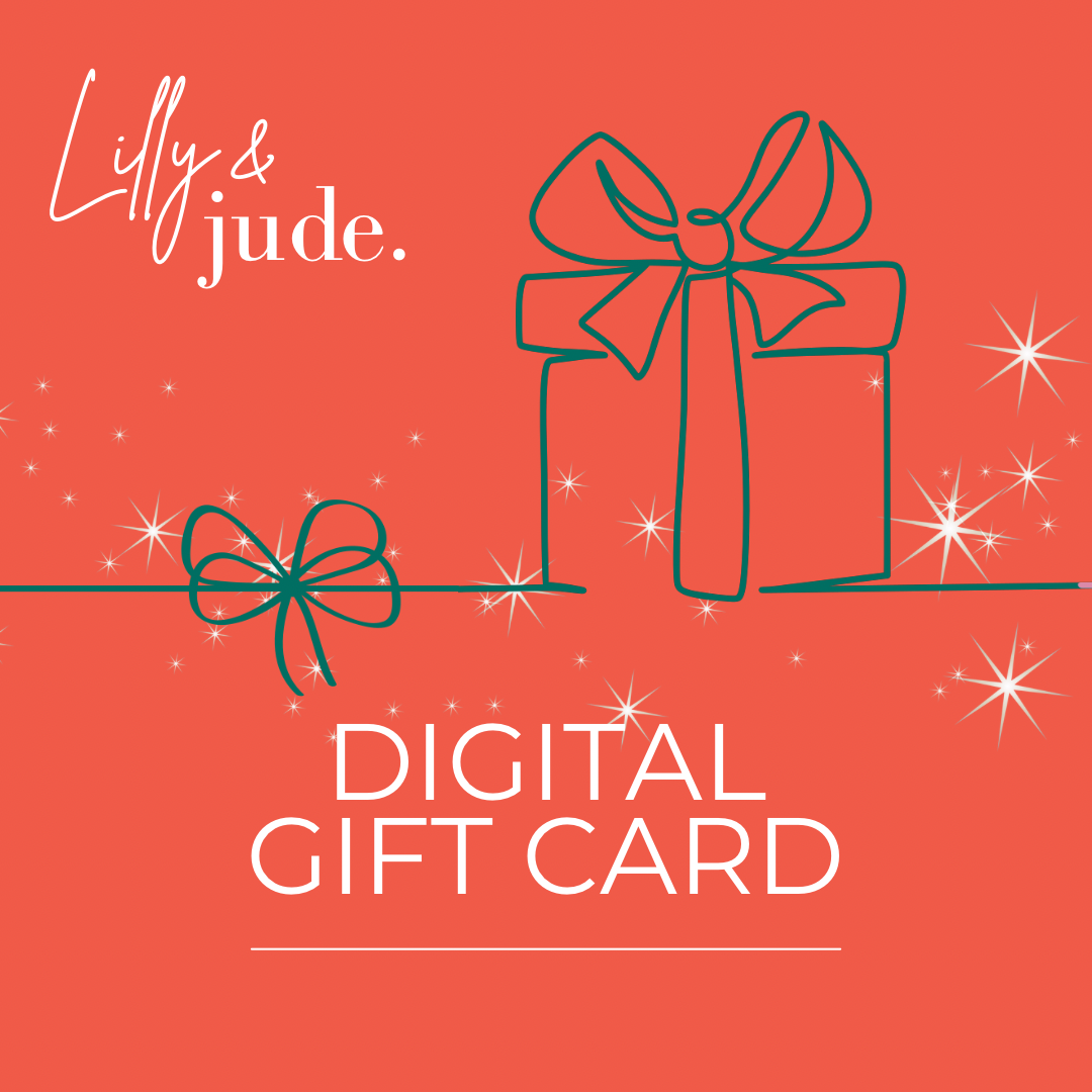 Digital gift card with a gift box and bow design on an orange background, featuring the brand 'Lilly & Jude'.