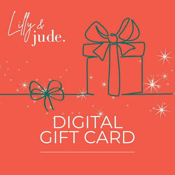 Digital gift card with a gift box and bow design on an orange background, featuring the brand 'Lilly & Jude'.