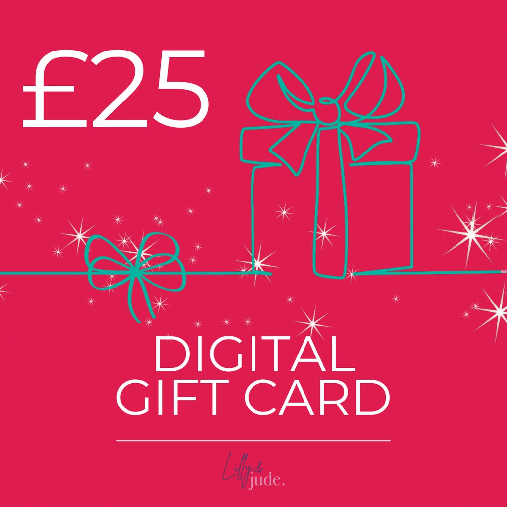 Digital gift card with £25 value on a pink background, featuring a gift box and bow design.