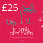 Digital gift card with £25 value on a pink background, featuring a gift box and bow design.