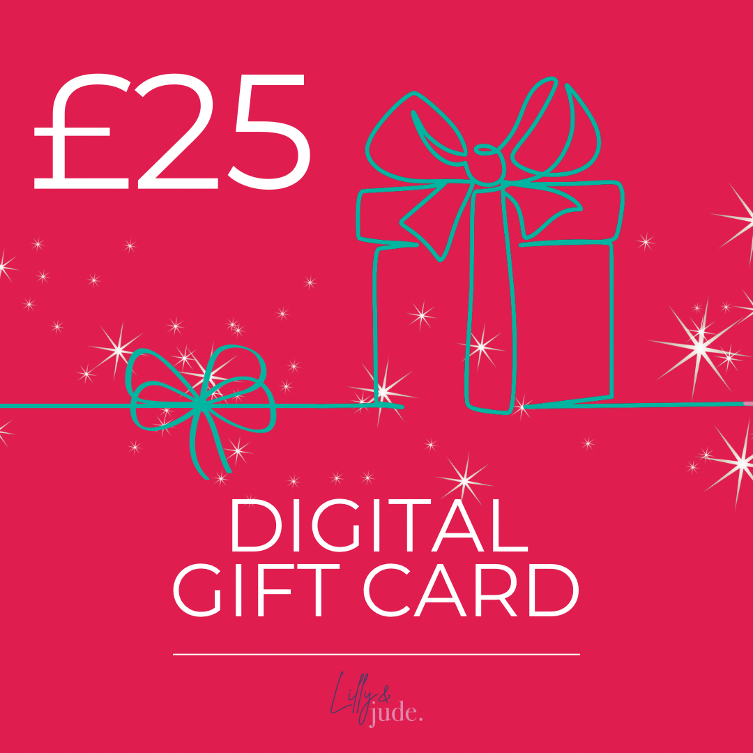 Digital gift card with £25 value on a pink background, featuring a gift box and bow design.