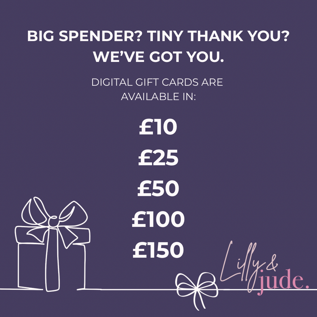 Digital gift card offer with various denominations on a dark purple background, featuring the brand 'Lilly & Jude'.