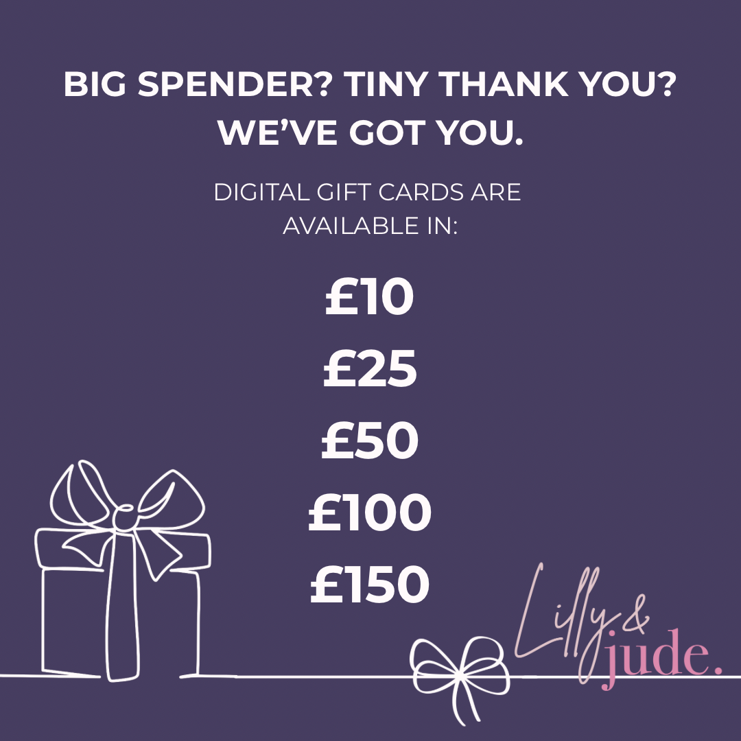 Digital gift card offer with various denominations on a dark purple background, featuring the brand 'Lilly & Jude'.