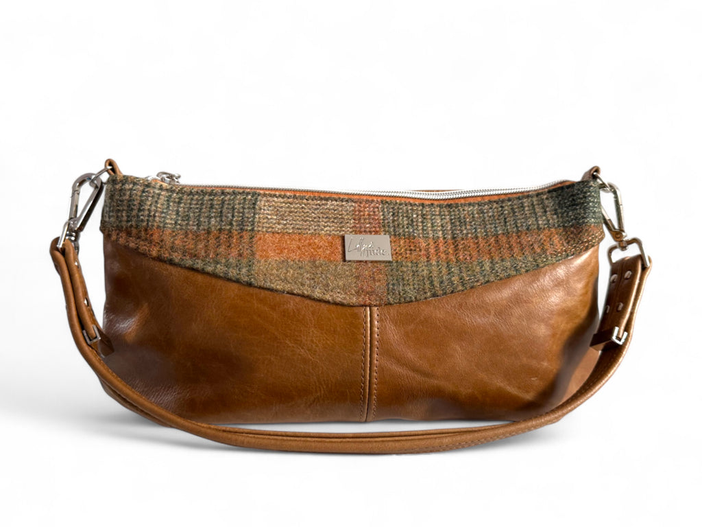 Front view of Elland handbag in tan leather and autumn tweed, handmade in the UK.
