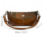 Elland tan leather and woollen tweed handbag with measurements overlaid: 32cm/12.5”, 15cm/6”, 10cm/4”.
