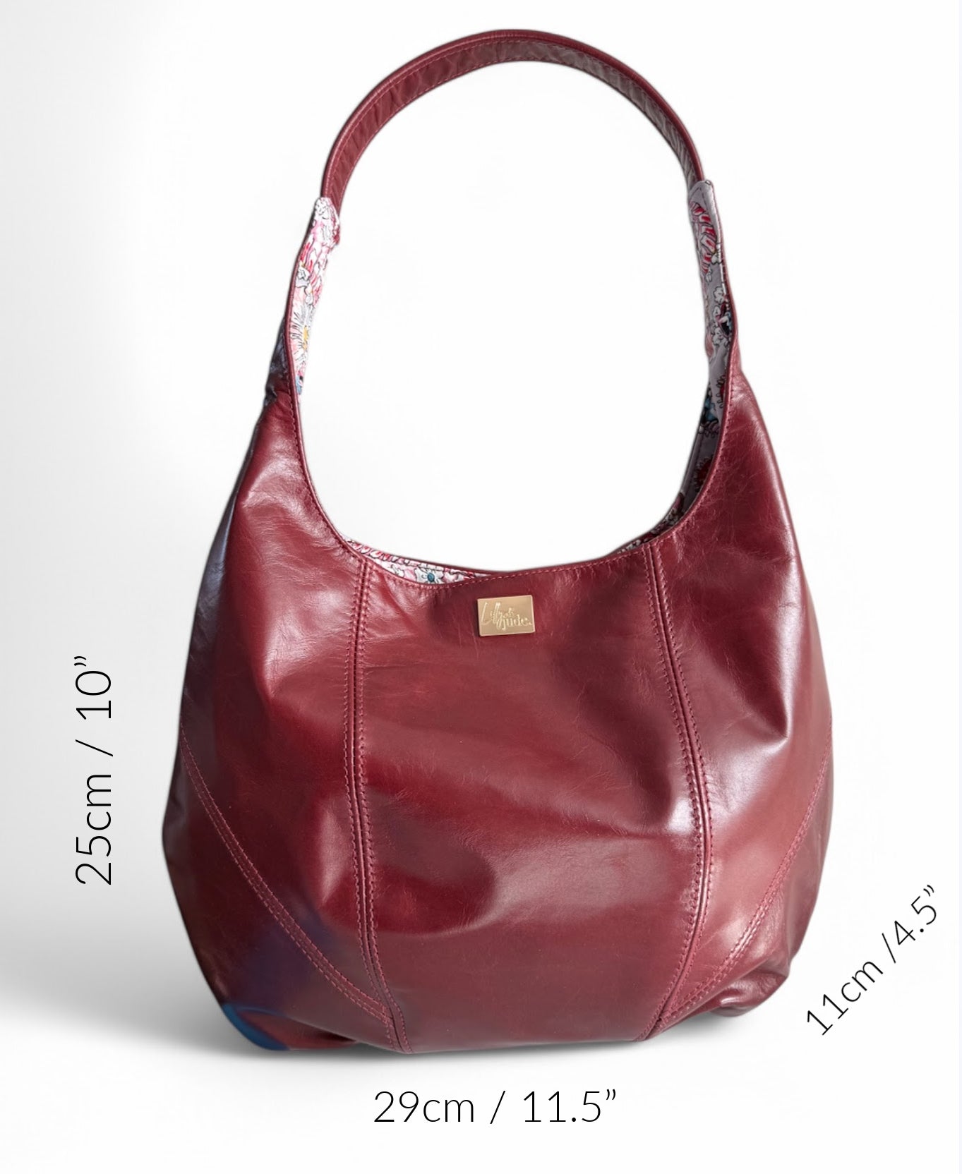 Dark red Italian leather handbag with measurements displayed on a white background