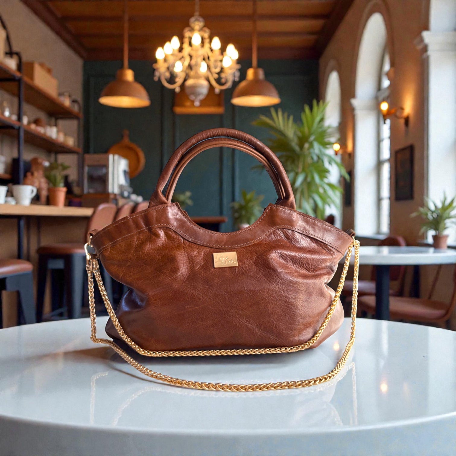 Handcrafted brown leather, slouch handbag with gold chain on a table in a restaurant setting