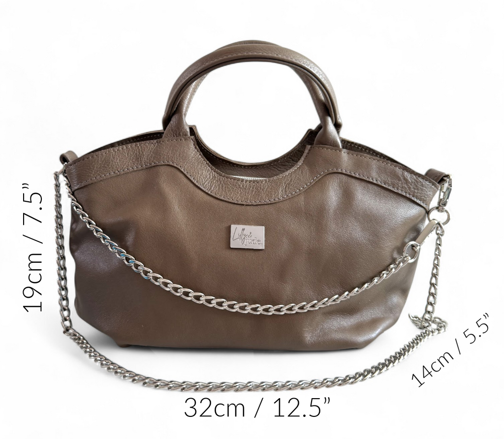 Taupe leather handbag with chain detail and measurements on a white background