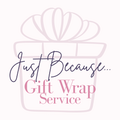 Logo for 'Just Because... Gift Wrap Service' with a decorative bow on a pale pink background.