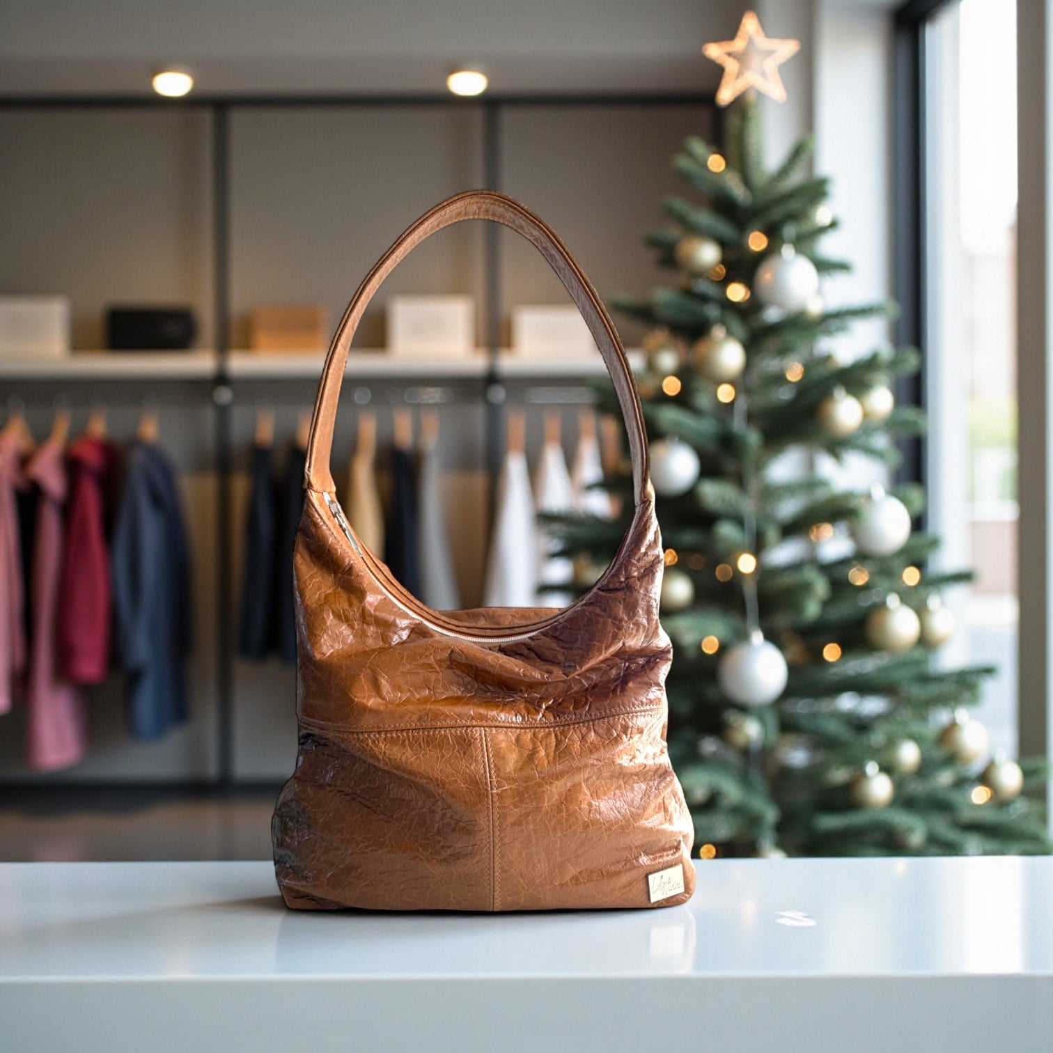 Brown leather handbag on a surface with a Christmas tree in the background