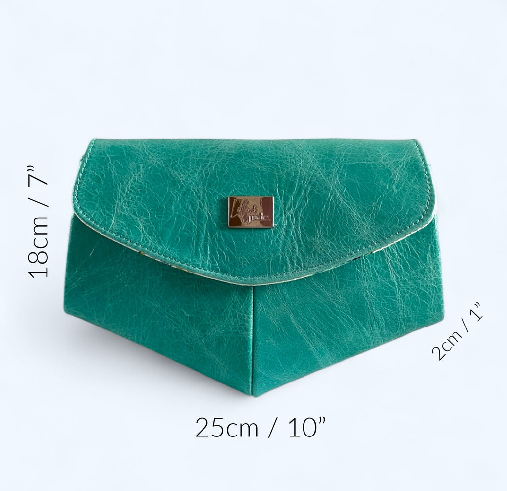 Teal leather clutch bag with dimensions marked on a white background