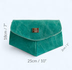 Teal leather clutch bag with dimensions marked on a white background