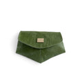 A forest green leather crossbody clutch bag with a magnetic snap closure and a small metal emblem on the front. 