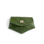 A forest green leather crossbody clutch bag with a magnetic snap closure and a small metal emblem on the front. 