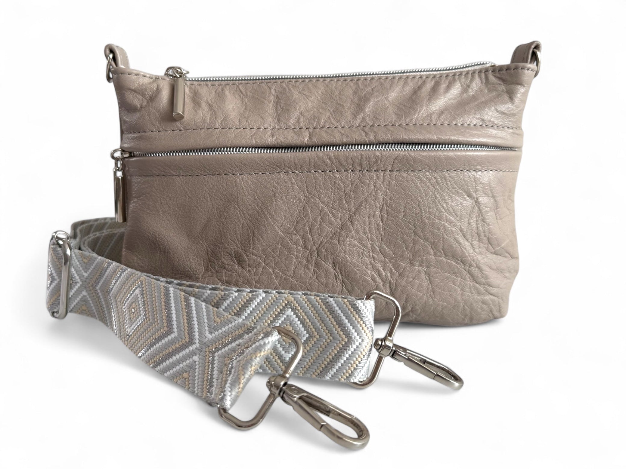 Close-up of Starburn grey soft leather bag showing soft texture and silver hardware, made by Lilly & Jude.
