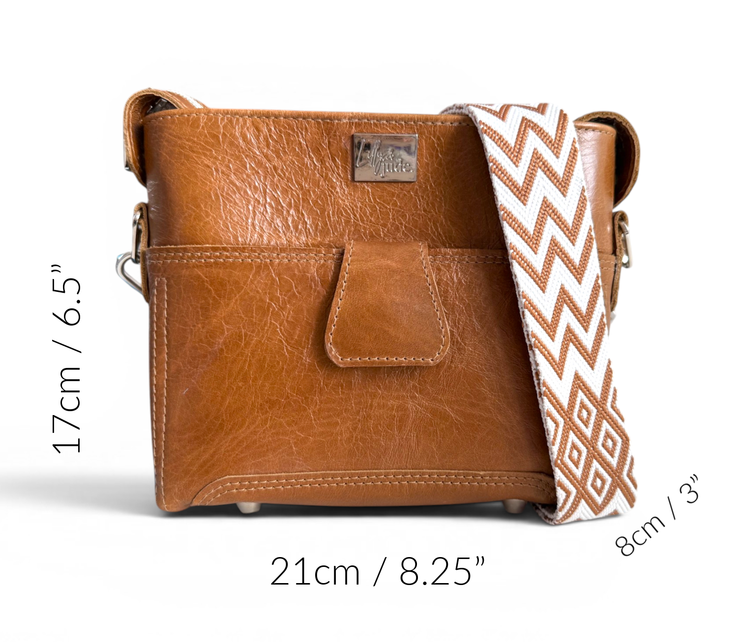 Tan brown leather crossbody bag with measurements on a white background