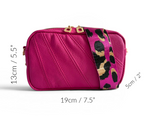 Bright pink compact crossbody bag with a leopard print strap and measurements on a white background