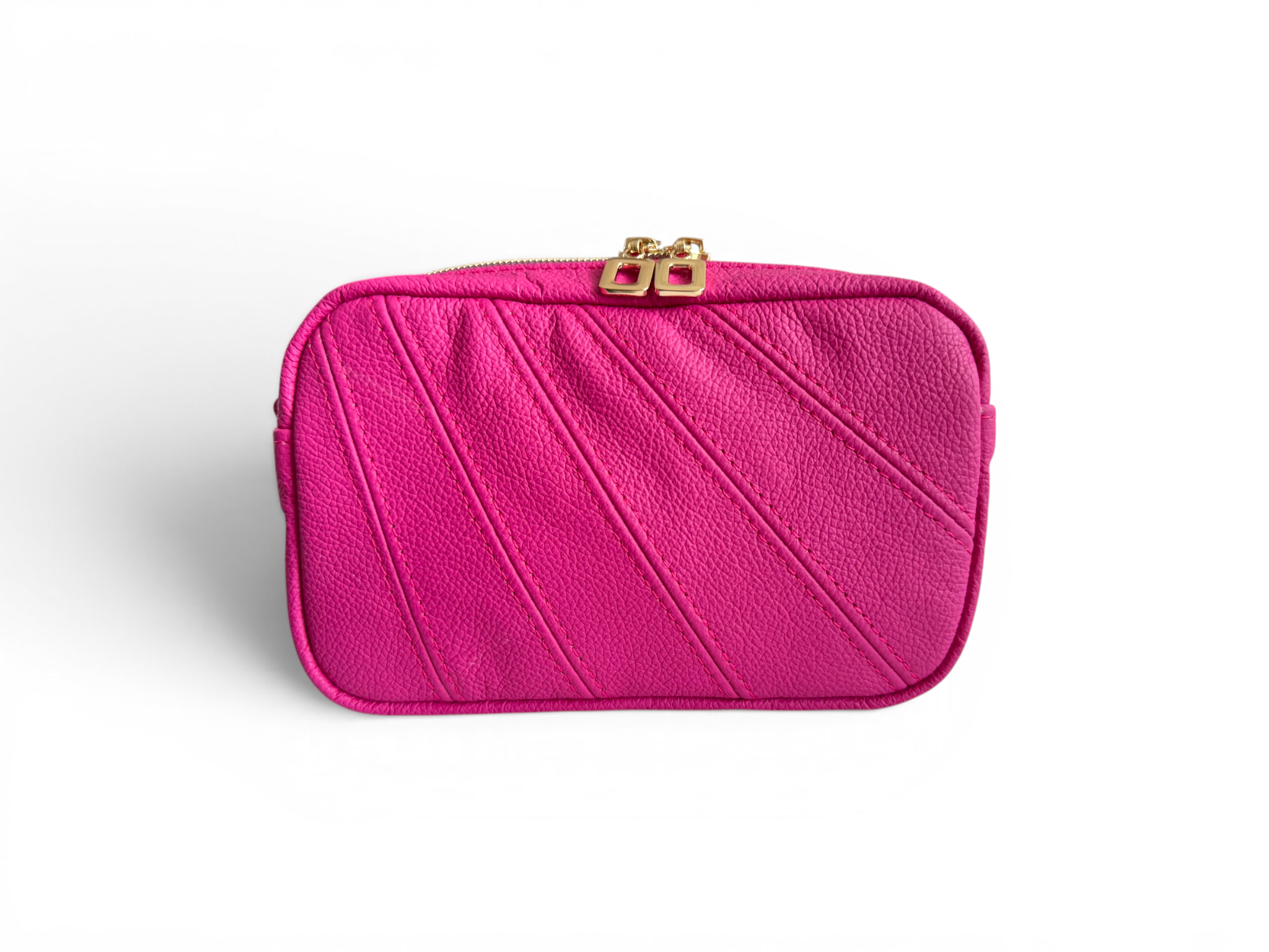 Front view of a fuschia pink leather clutch bag with a gold clasp on a white background